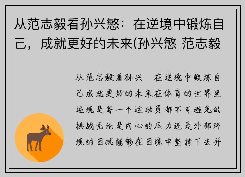 从范志毅看孙兴慜：在逆境中锻炼自己，成就更好的未来(孙兴慜 范志毅)