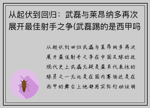 从起伏到回归：武磊与莱昂纳多再次展开最佳射手之争(武磊踢的是西甲吗)